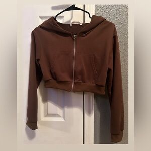 ROMWE Brown Cropped Zip Up Jacket